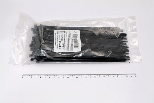 Кабельная стяжка чёрная 5х200 мм (4,5х200 мм) пластиковая (100 шт)